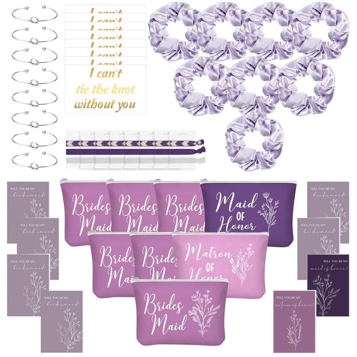 Cunno 48 Pcs Bridesmaid Proposal Gifts Set - Purple Makeup Bags, Scrunchies & Bracelets