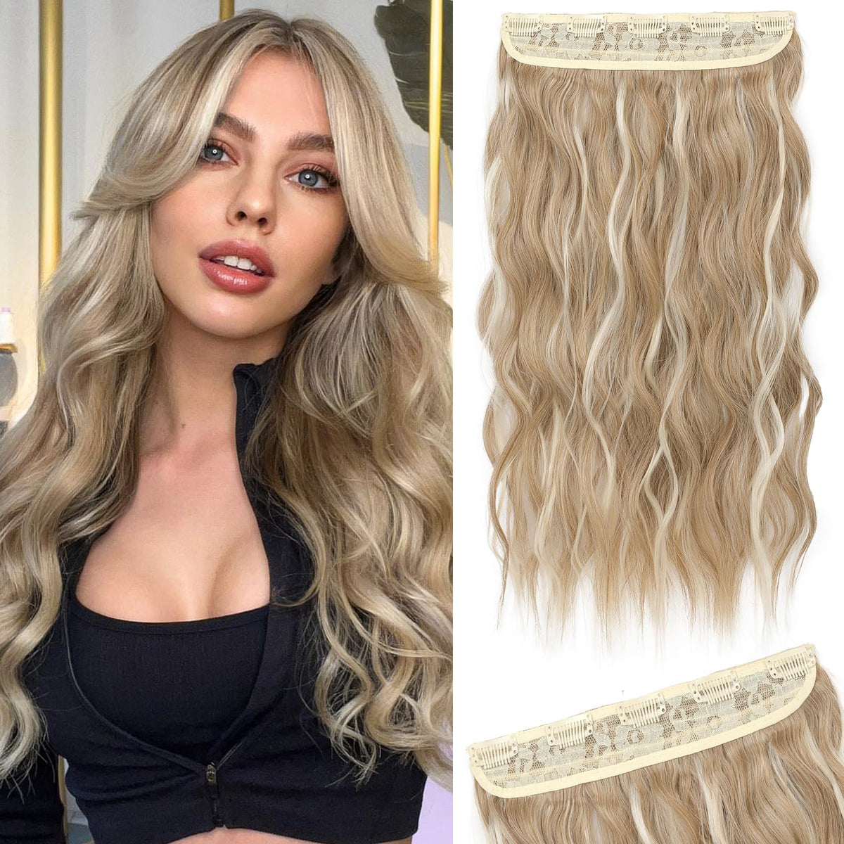 REECHO 20&quot; Clip in Hair Extensions - Medium Blonde Wavy Synthetic Hairpieces for Women