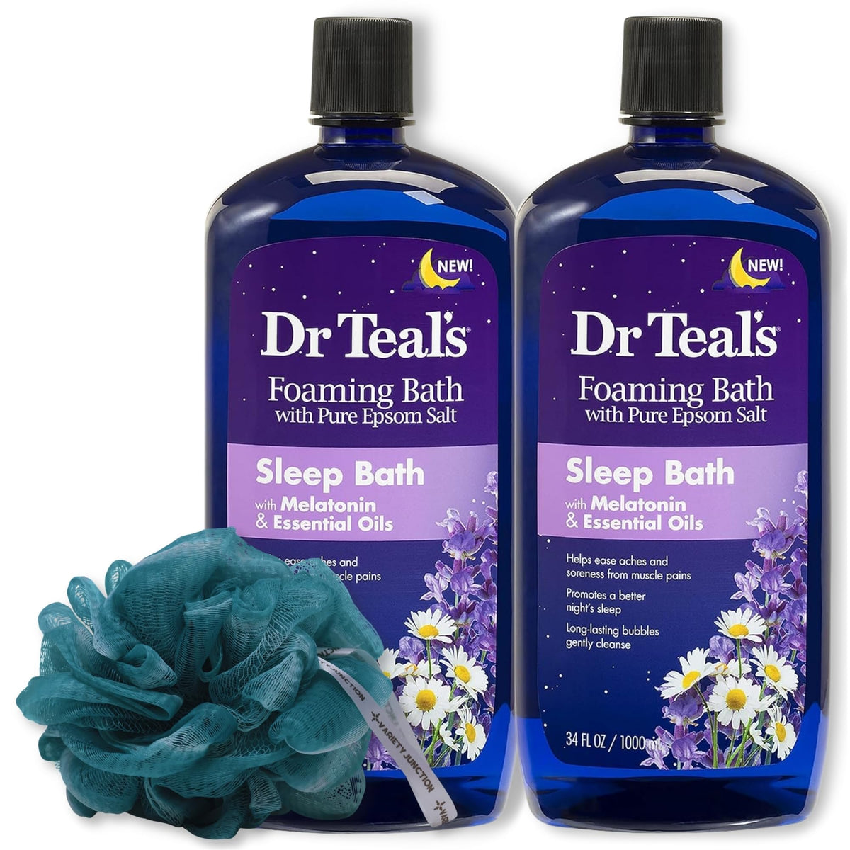 Dr. Teal'S Melatonin Foaming Bath 34Oz (2-Pack) & Variety Junction Bath Sponge - Sleep Aid