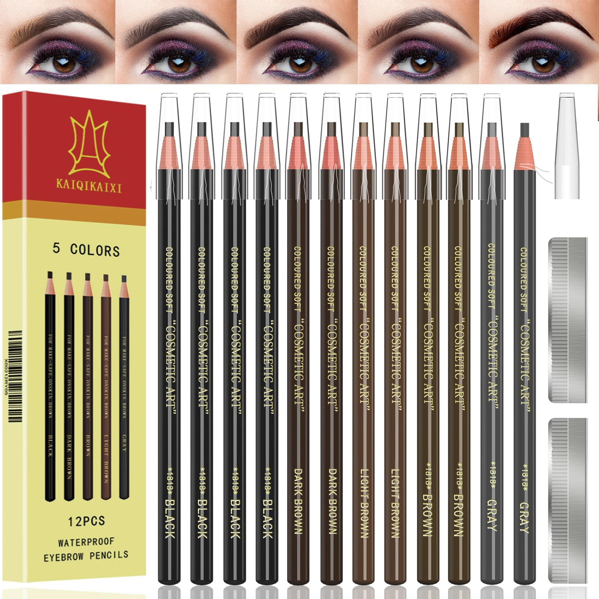 Kaiqikaixi Waterproof Eyebrow Pencil Set - 12 Pcs Multicolor Tattoo Makeup & Microblading Supplies