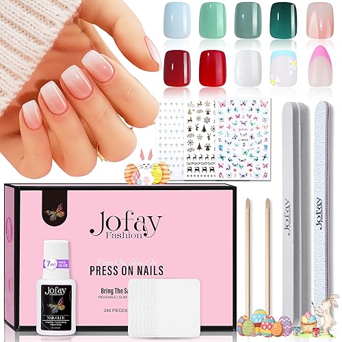 Jofay Fashion 10Pack Short Press On Nails Kit with Glue - Almond Flower Designs, Acrylic Art