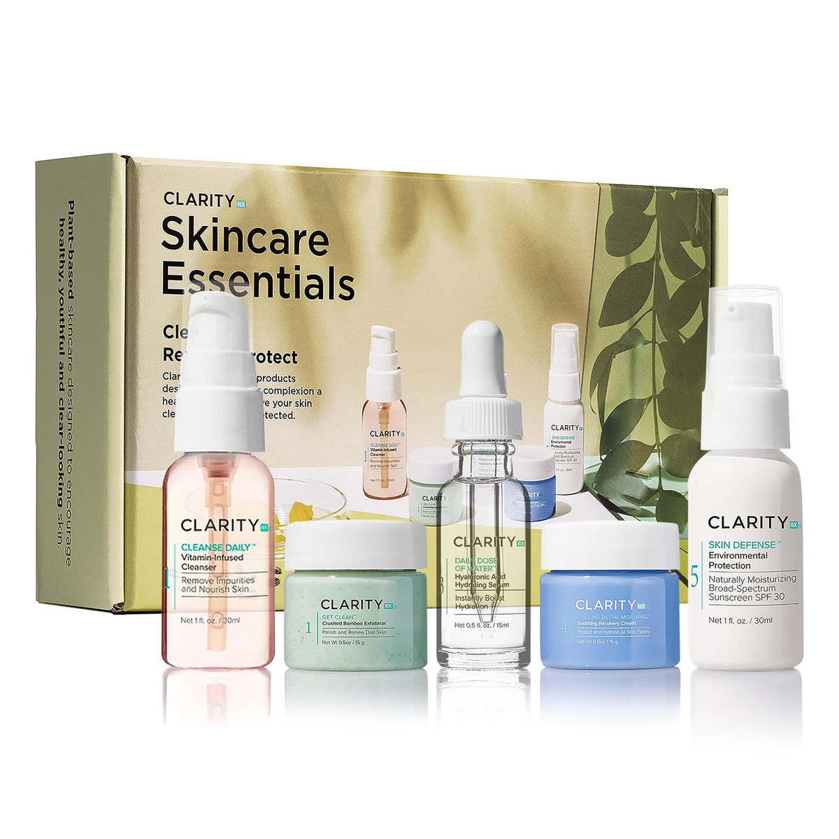 Clarityrx Skincare Essentials Kit - 5 Piece Natural Face Wash, Scrub, Serum, Moisturizer, Spf 30