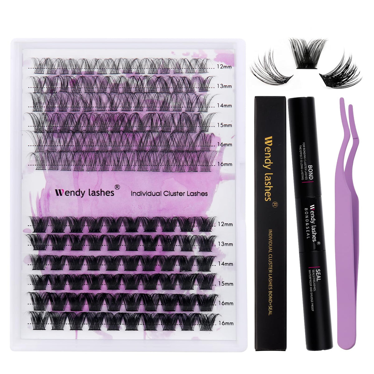 Wendy Lashes Diy Lash Extension Kit - Black D Curl Lashes, Waterproof Bond & Seal, 12-16Mm