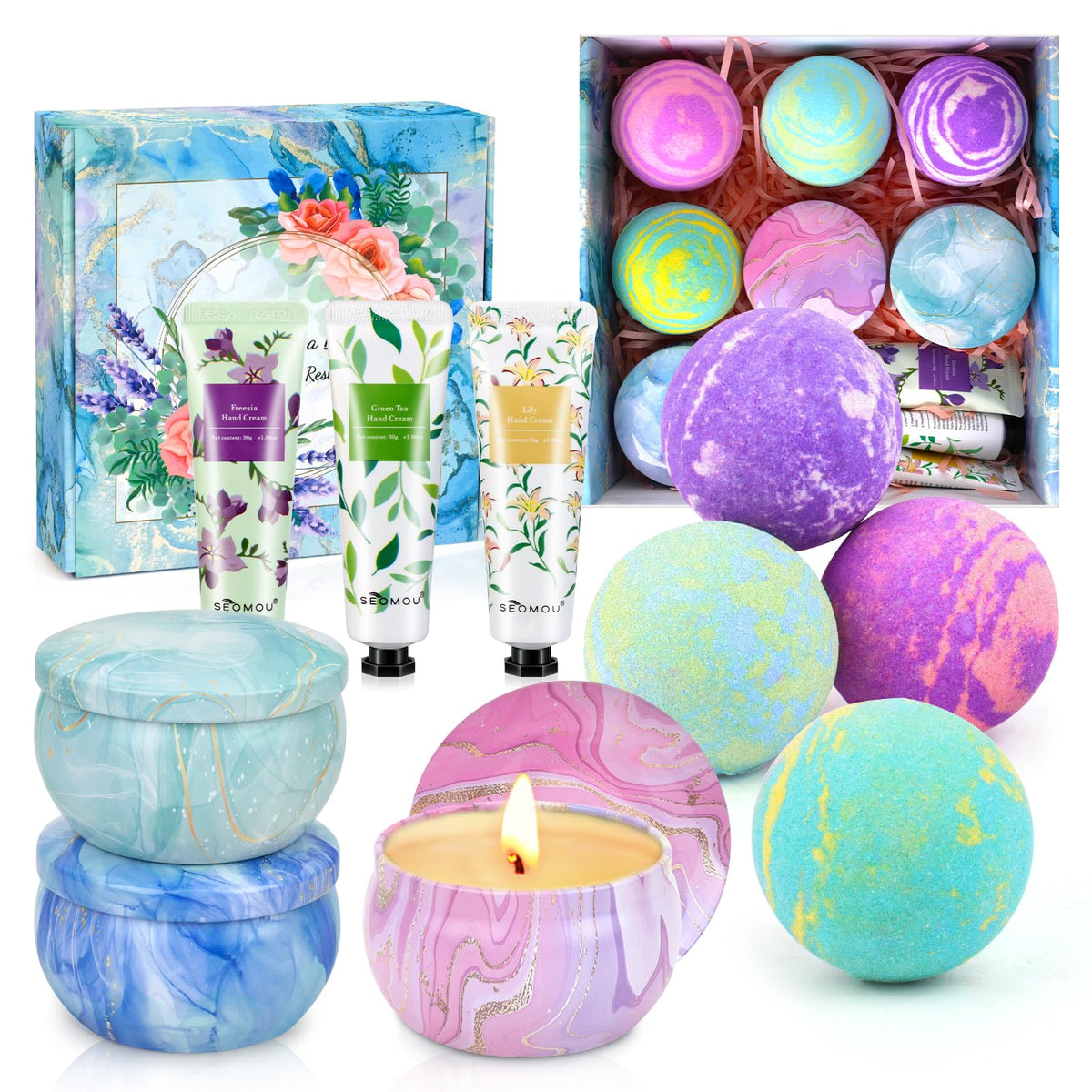 Kearlgmbh Bath Bombs Gift Set - 4 Large Scented Bombs, 3 Candles & 3 Hand