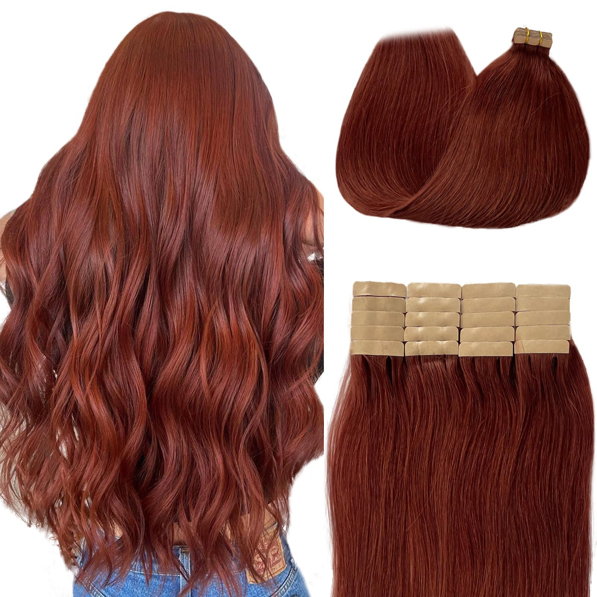 Munx Dark Auburn Tape In Hair Extensions 20&quot; 50G 20Pcs Remy Human Hair Skin Weft #33