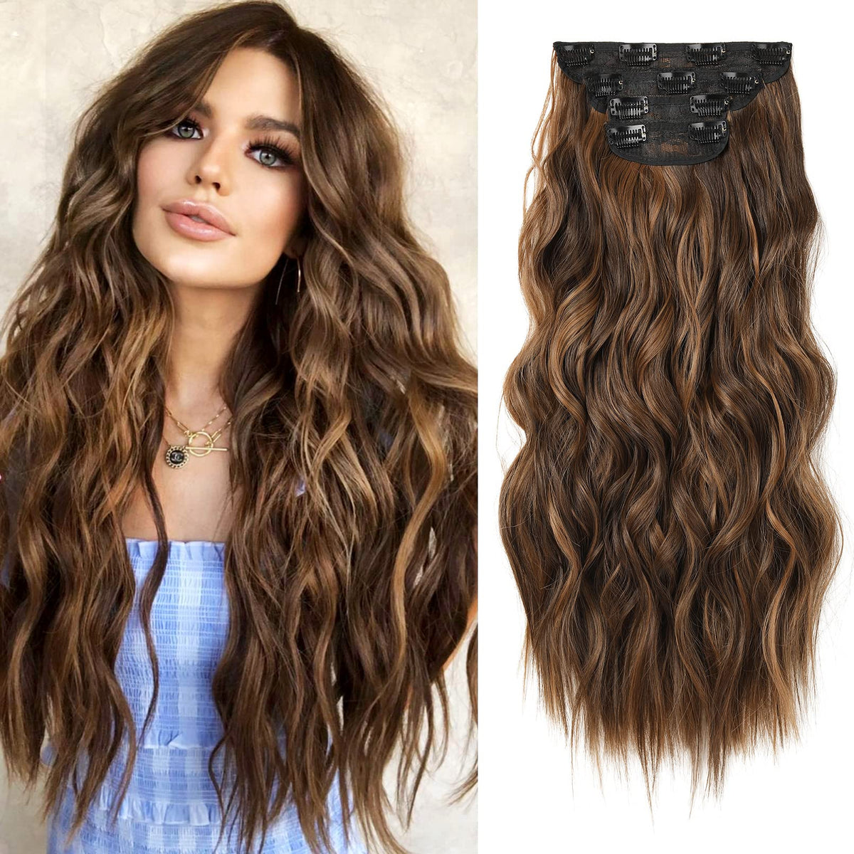 REECHO 20&quot; Clip-in Hair Extensions, Chocolate Brown with Golden Highlights, 4PCS Synthetic Hair