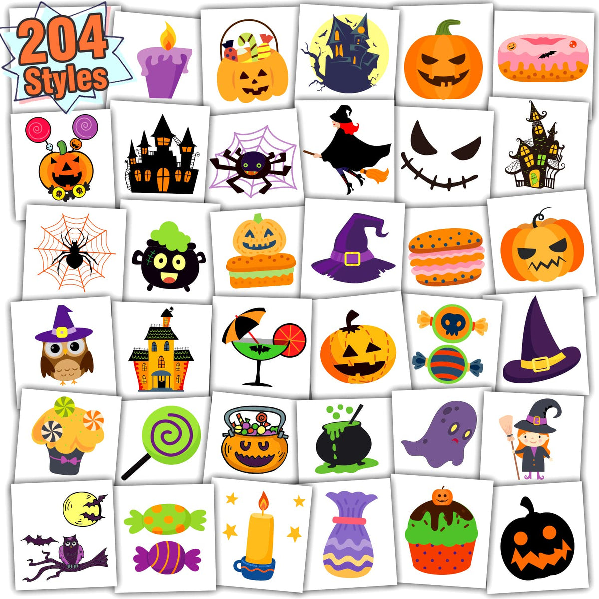 Partywind Halloween Tattoos For Kids - 204 Wrapped Sheets, Pumpkin & Ghost Goodie Bag Stuffers