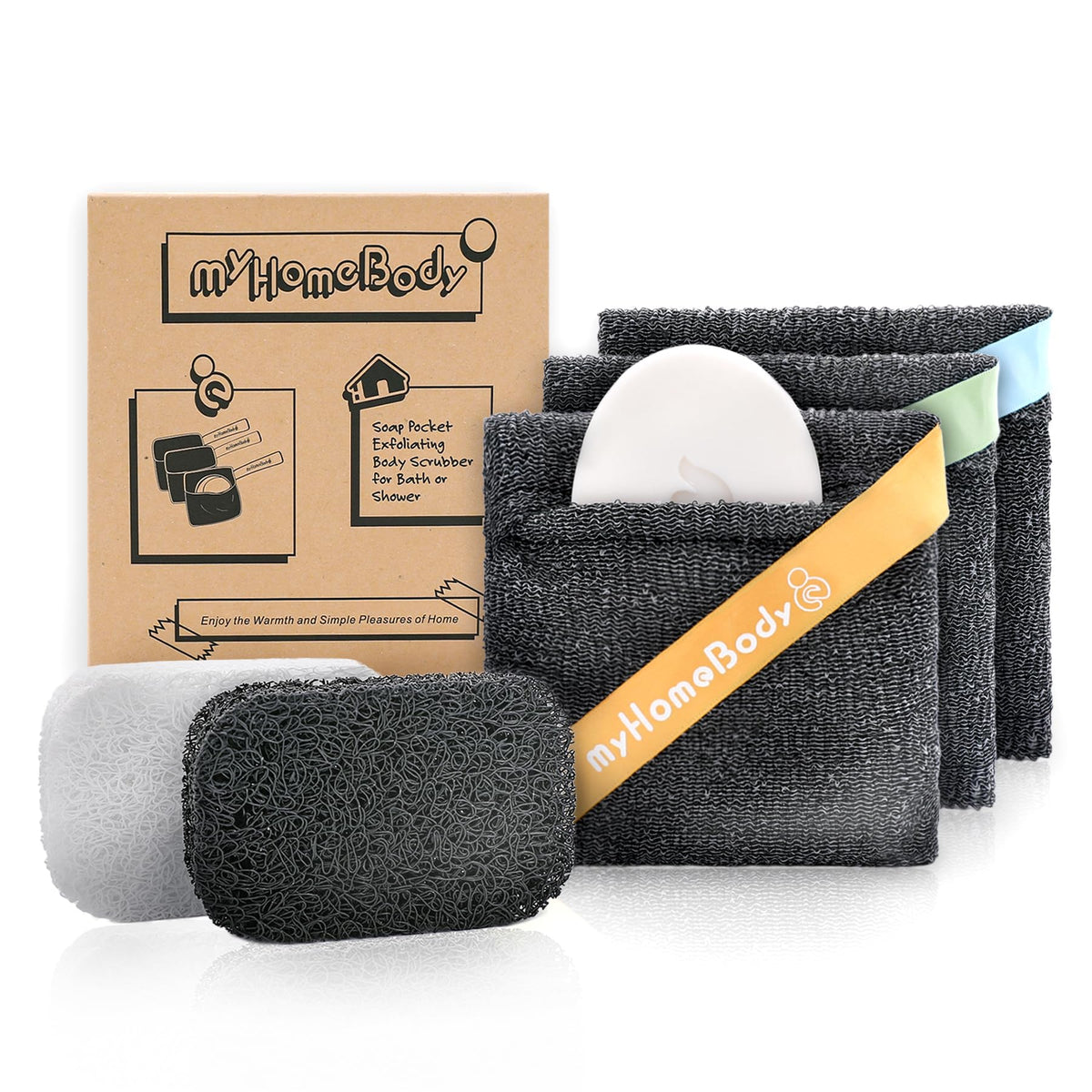 Myhomebody Exfoliating Soap Saver Pouch, 3 Pack Body Scrubber For Bath, Graphite Gray