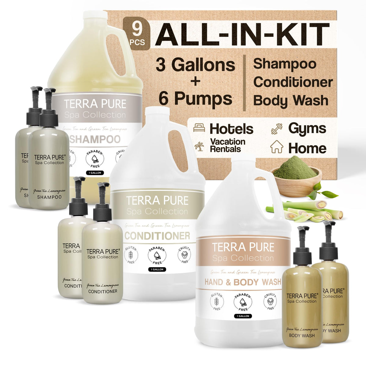 1-Shoppe Spa Collection Gallon & Dispenser Set | Shampoo, Conditioner, Body Wash | 10.14 Oz Bottles