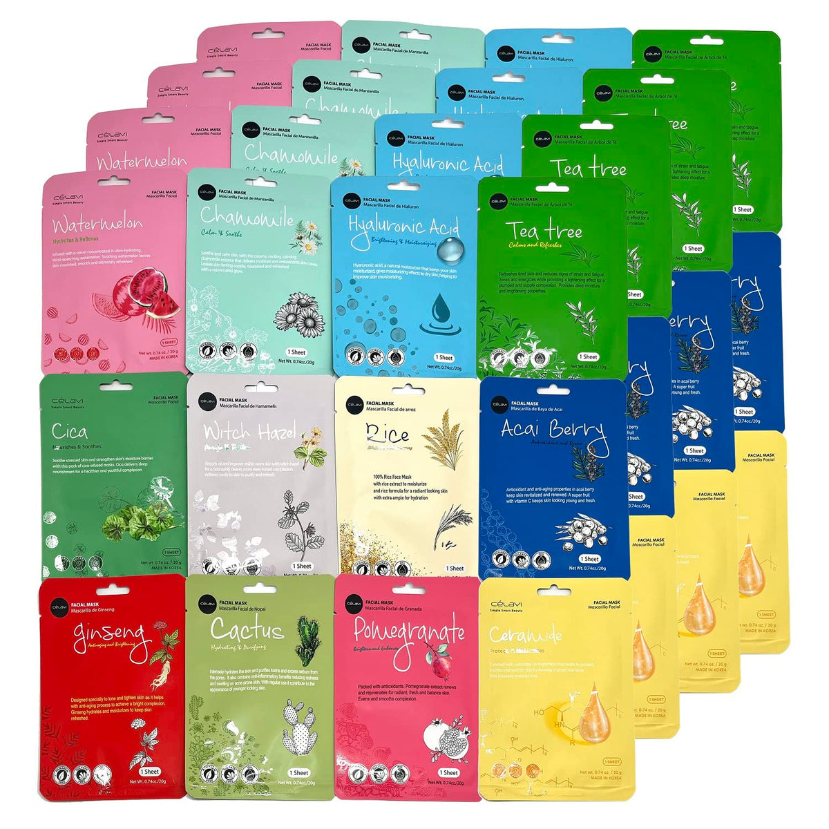 Celavi K-Beauty Essence Mask Set - 48 Count Moisturizing Facial Skincare, Korea