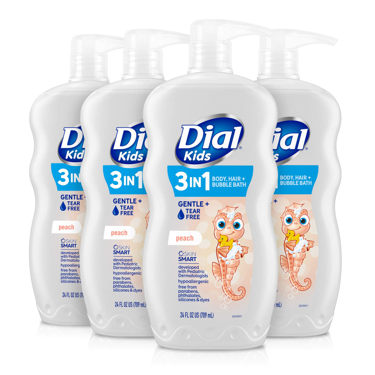 Dial Kids 3-In-1 Body, Hair & Bubble Bath, Peach, 24 Fl Oz - Pack Of 4