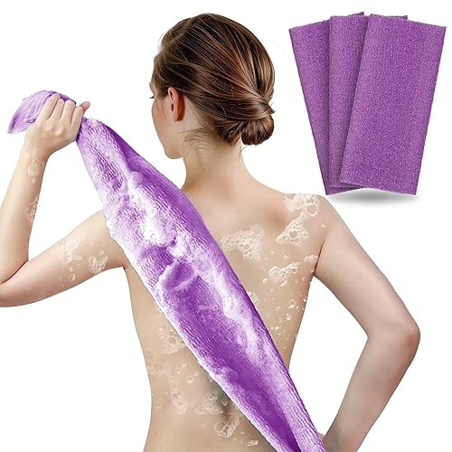 Arch&M Exfoliating Washcloth Body Scrubber - 3 Pack Purple Nylon Luffah Towel For Shower