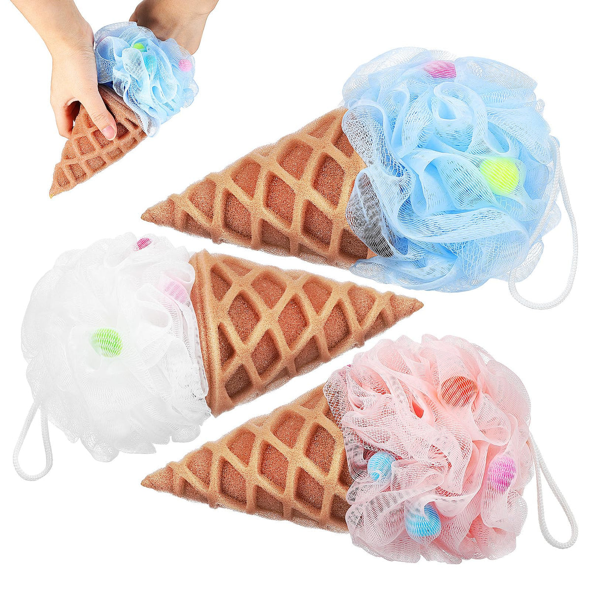 Nolitoy 3 Pcs Ice Cream Bath Balls, Cute Cartoon Loofah Sponge For Kids Spa Bathroom