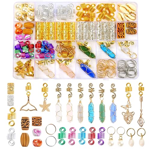 Leeven 129 Pcs Crystal Wire Wrapped Dreadlock Charms & Imitation Wood Beads Hair Jewelry