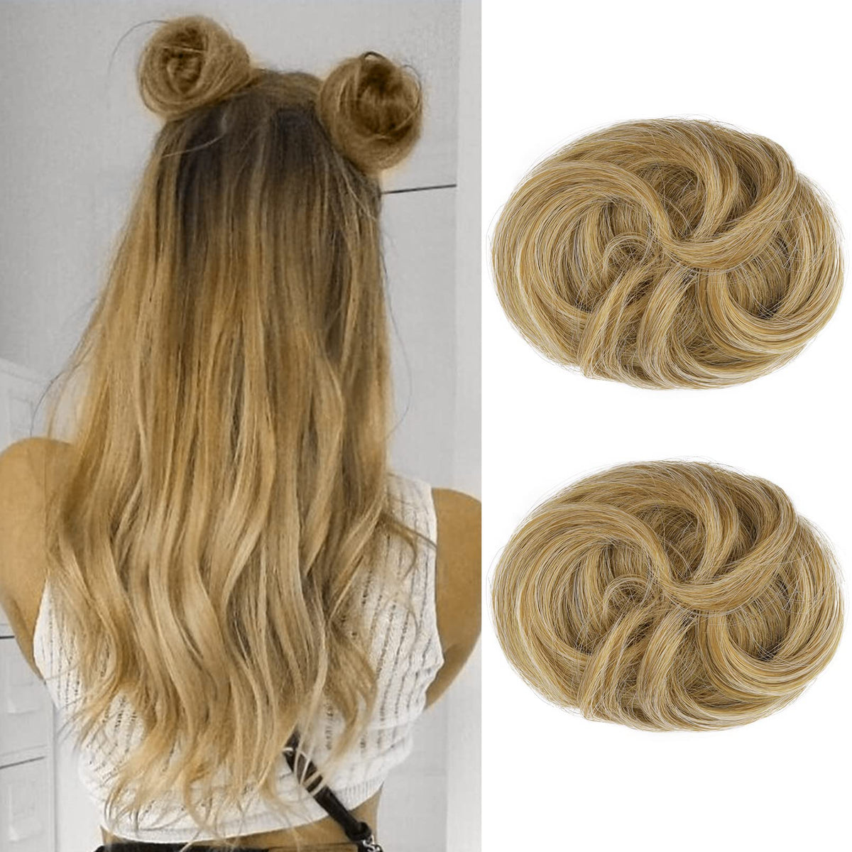 REECHO Mini Claw Clips - 2 PCS Wavy Hair Bun Extensions, Golden with Blonde Highlights