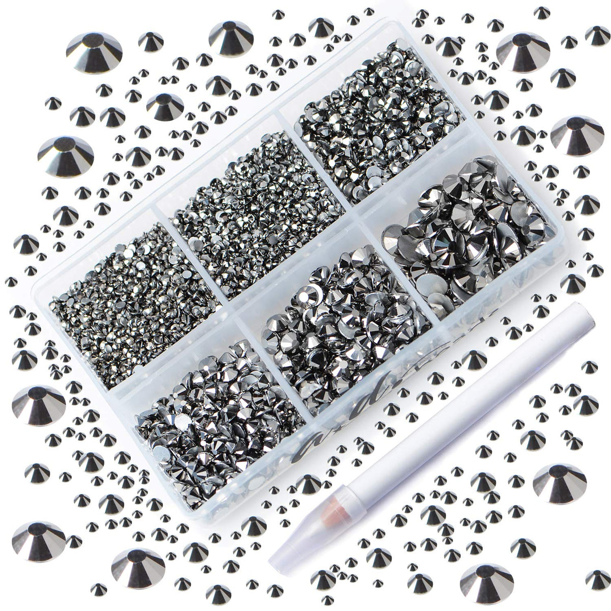 Ad Beads 4300 Flat Back Nail Art Rhinestones, Hematite, 6 Sizes, With Organizer Box & Picking Pen