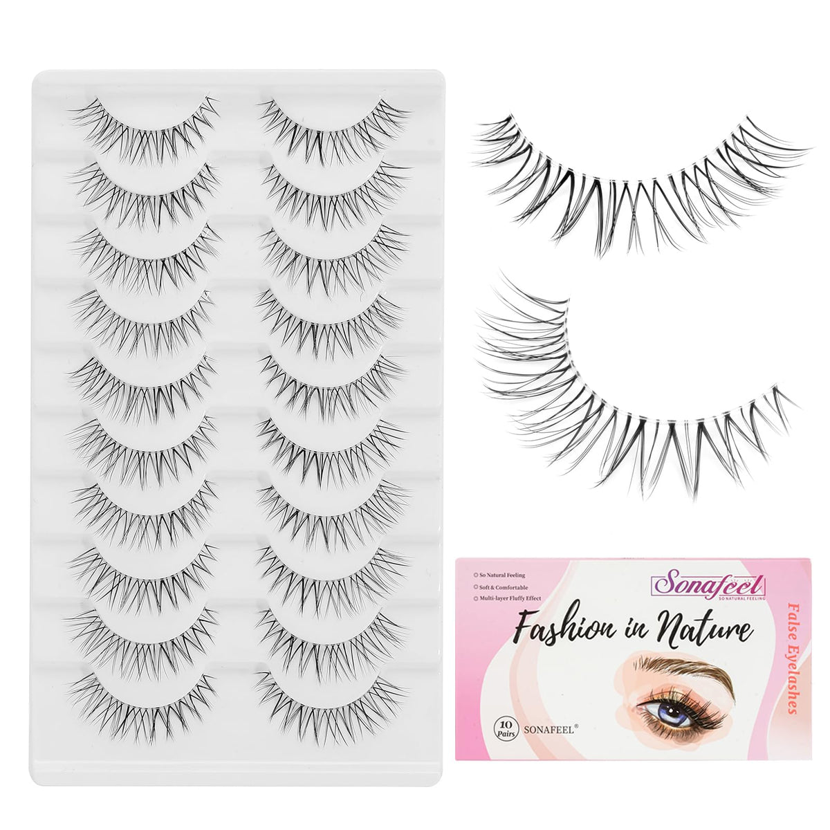 Sonafeel 10Mm Natural Faux Mink Eyelashes - 10 Pairs Wispy Spiky Lashes With Clear Band, Black