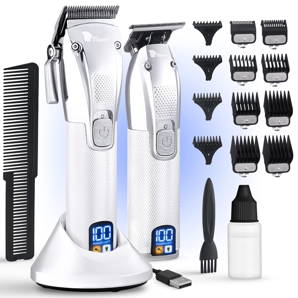 Fagaci Turbo Power Hair Clippers Set For Men - Cordless Precision Trimmer & Barber Kit, Silver