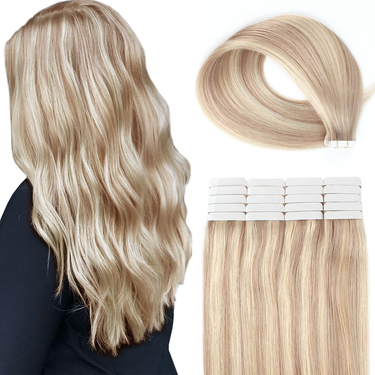 Ymeyme 20&quot; Tape In Hair Extensions - Human Hair, Remy Seamless Weft, Ash Brown To Bleach Blonde