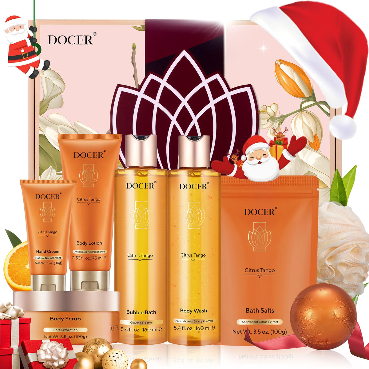 Docer Spa Gift Basket For Women - 8 Pcs Self Care Set With Body Wash, Scrub, Lotion & Bath Bombs