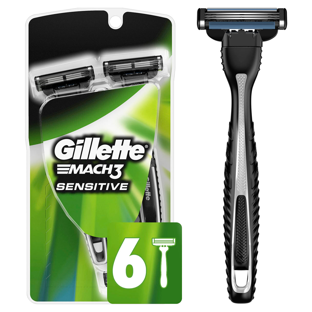 Gillette Mach3 Men'S Disposable Razor, Sensitive - 6 Count Pack, Black