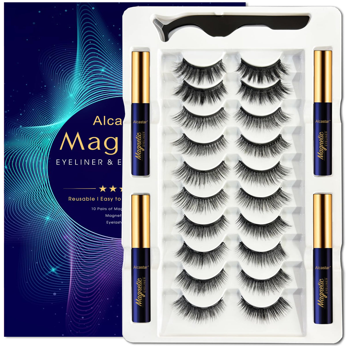 Alcastar Magnetic Eyelashes Kit - 10 Pairs Natural Look, Waterproof, Reusable, Cruelty-Free