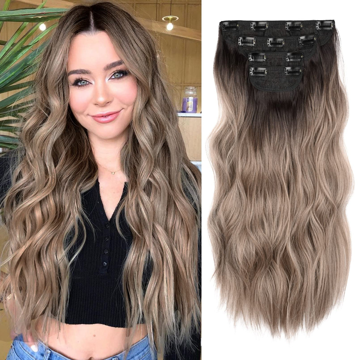 REECHO 20&quot; Clip-in Hair Extensions, 4PCS Dark Brown to Ash Brown Ombre Synthetic Hairpieces