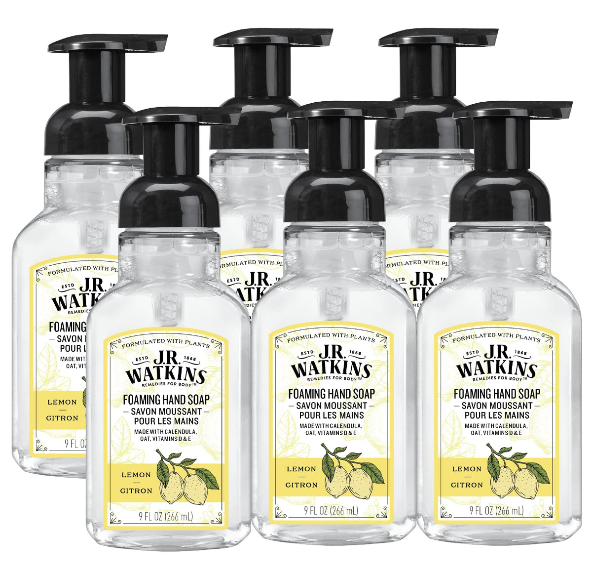 J.R. Watkins Lemon Foaming Hand Soap, Alcohol-Free, Moisturizing, 9 Fl Oz, 6 Pack