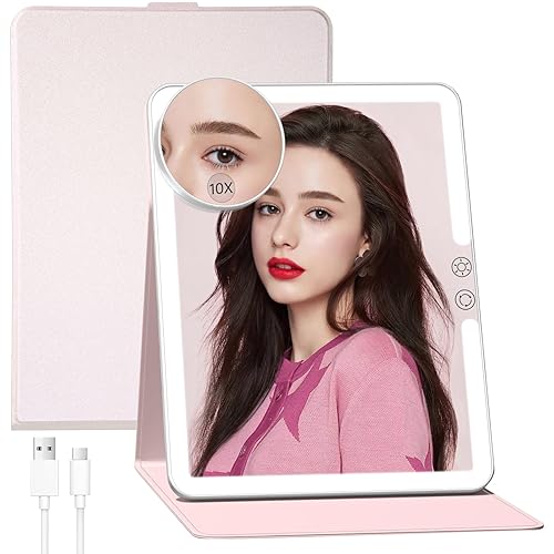 FUNTOUCH 2500mAh Rechargeable Travel Makeup Mirror with Lights & 10X Magnification, Pink