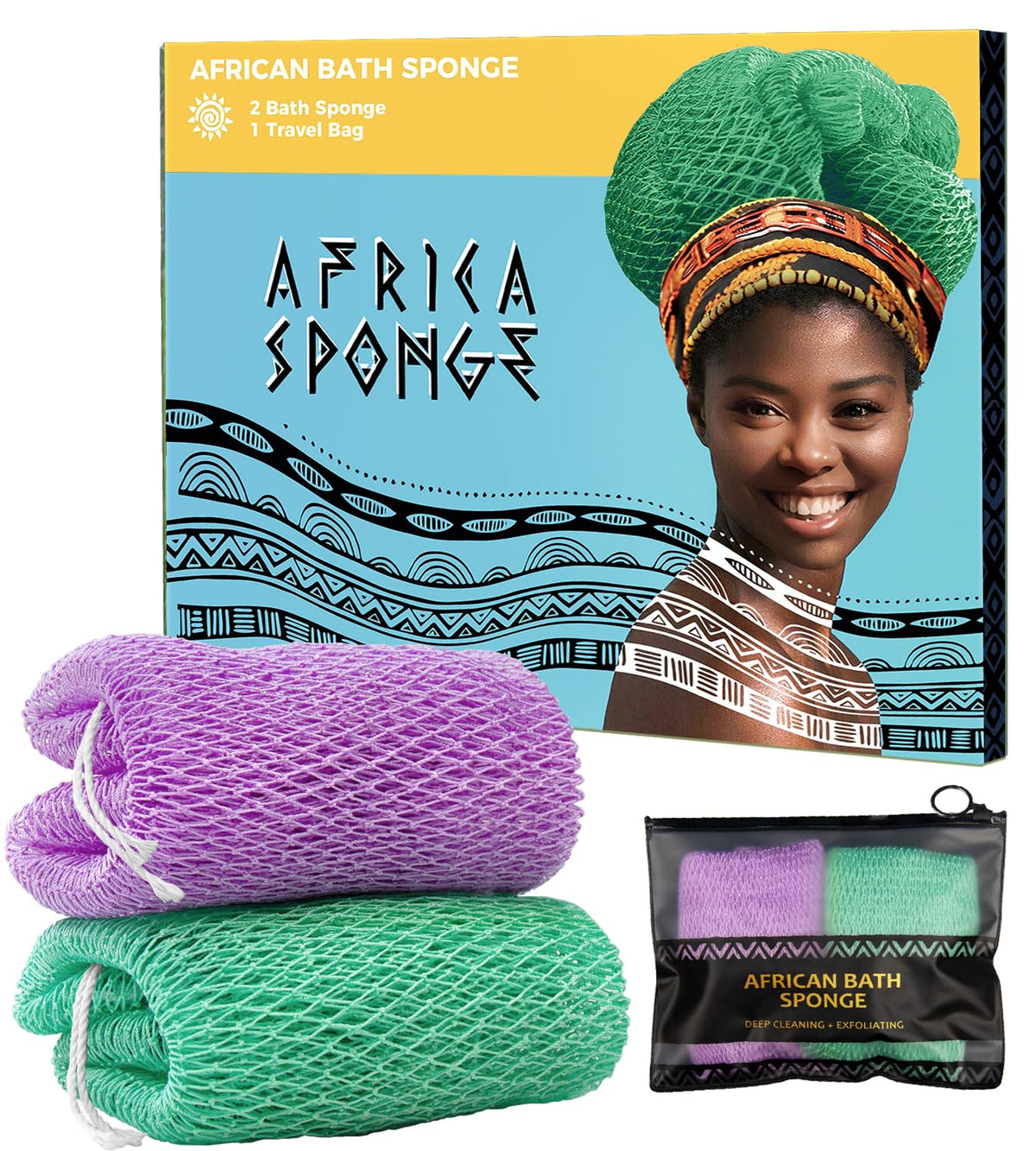 Relaxscene African Net Sponge Set - 2 Authentic Exfoliating Loofah Wash Cloths, Seawave & Lilac