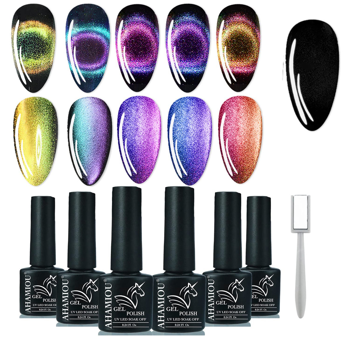 Ahamiou 9D Cat Eye Gel Nail Polish Set - Holographic Magnetic Gel With Chameleon Effect (6X0.