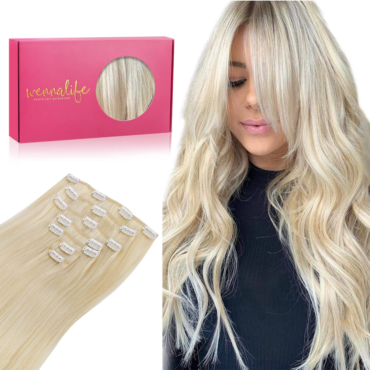 WENNALIFE 18&quot; Clip in Human Hair Extensions, 120g, Platinum Blonde, 7pcs Remy Double Weft