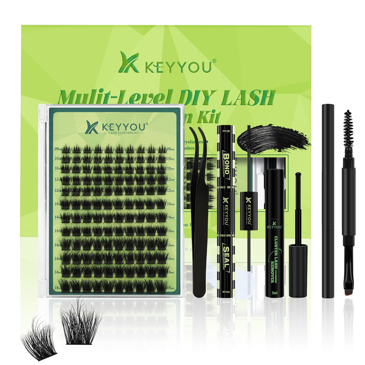 Keyyou Lash Extension Kit - 120Pcs 3D Fluffy D Curl Clusters, Waterproof Diy, Empower 8-18M