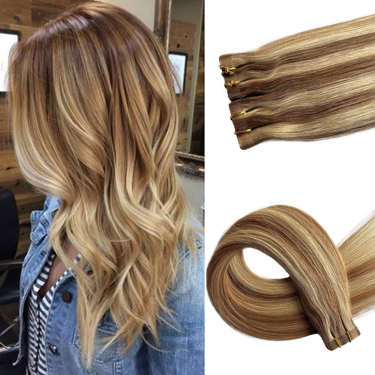 Munx 24&quot; Remy Tape In Human Hair Extensions Golden Brown & Bleach Blonde Highlights