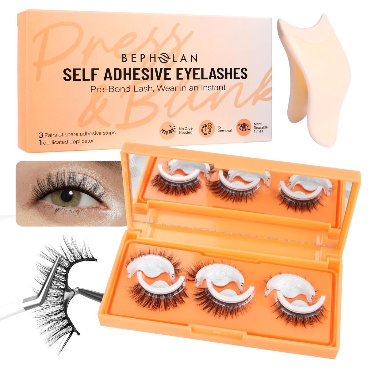 Bepholan Self-Adhesive Eyelashes, No Glue, Natural Look, Reusable, 3 Pairs, Faux Mink