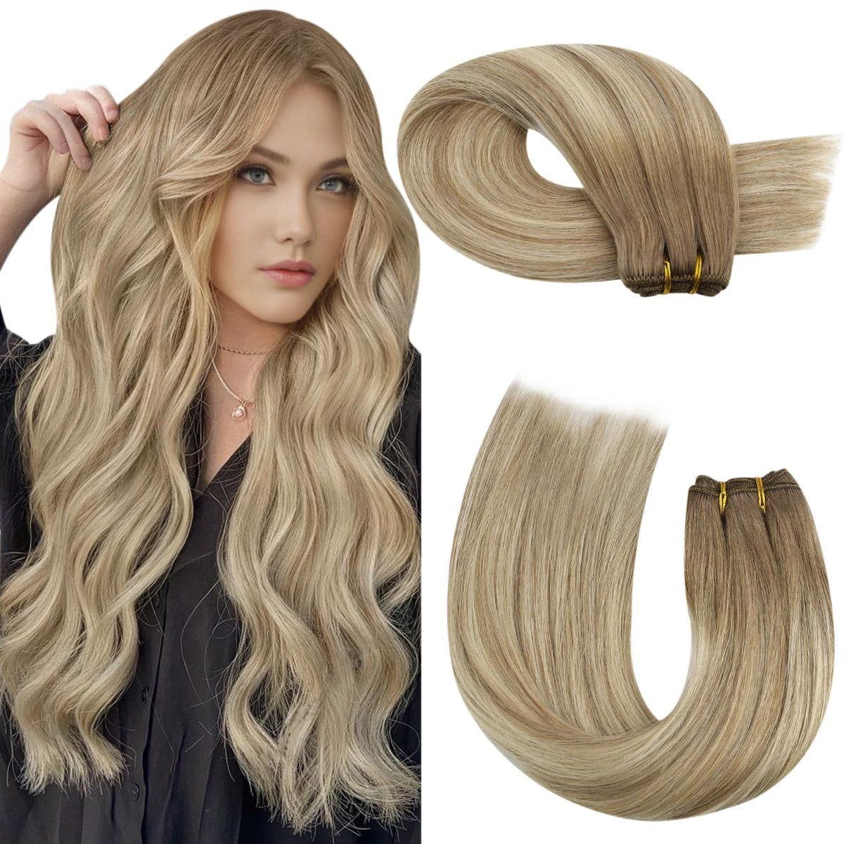 Moresoo 20&quot; Balayage Sew In Hair Extensions, Ombre Light Brown & Golden Blonde, 100g Human Hair