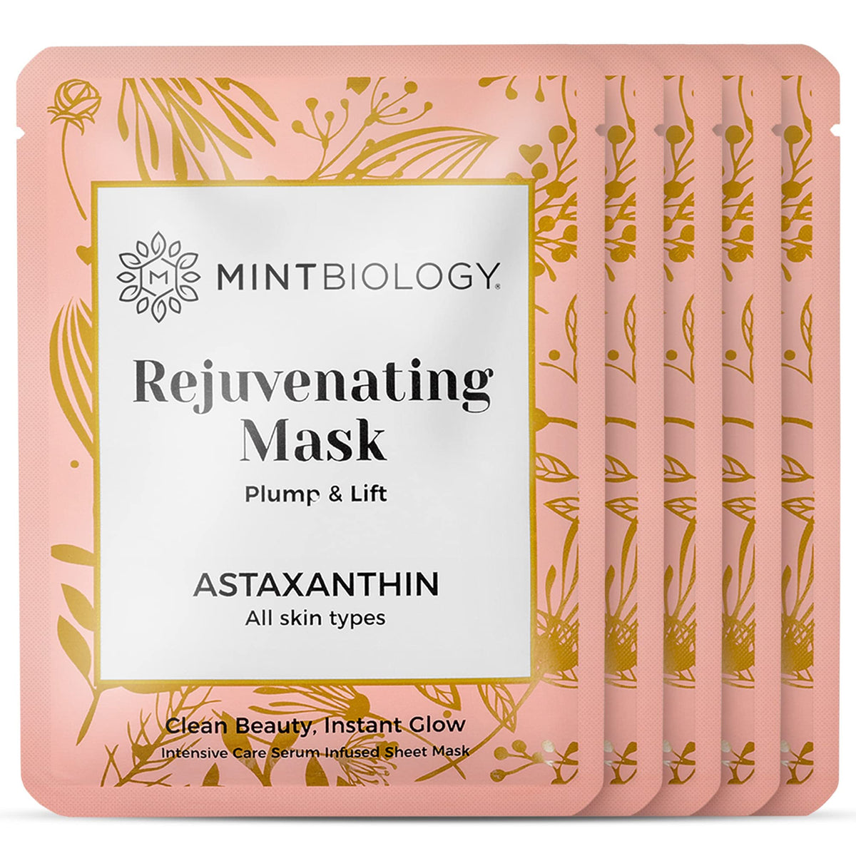 Mintbiology Ageless Korean Sheet Mask - Astaxanthin & Collagen, Hydrating Facial Masks, 5 Count