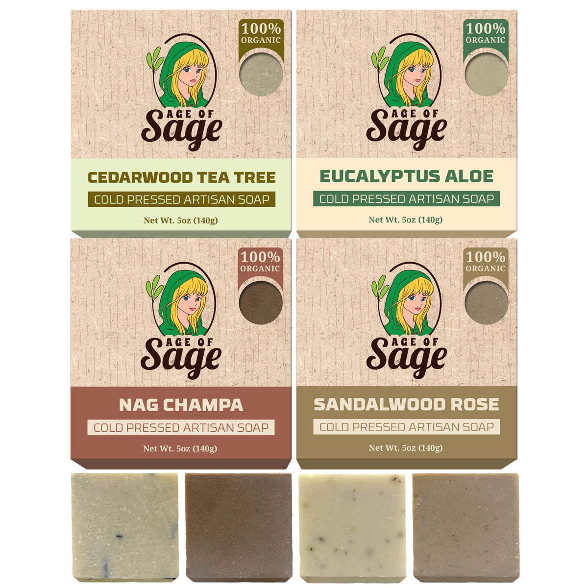 Age Of Sage Vegan Natural Bar Soap Gift Set For Men - 4 Pack Artisan Cold Process Soaps