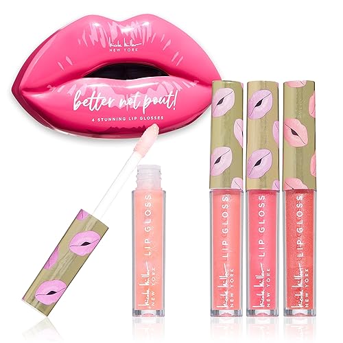 Nicole Miller Lip Gloss Collection, Shimmery Long Lasting Color Set, 4 Count - Better Not Pout Pink