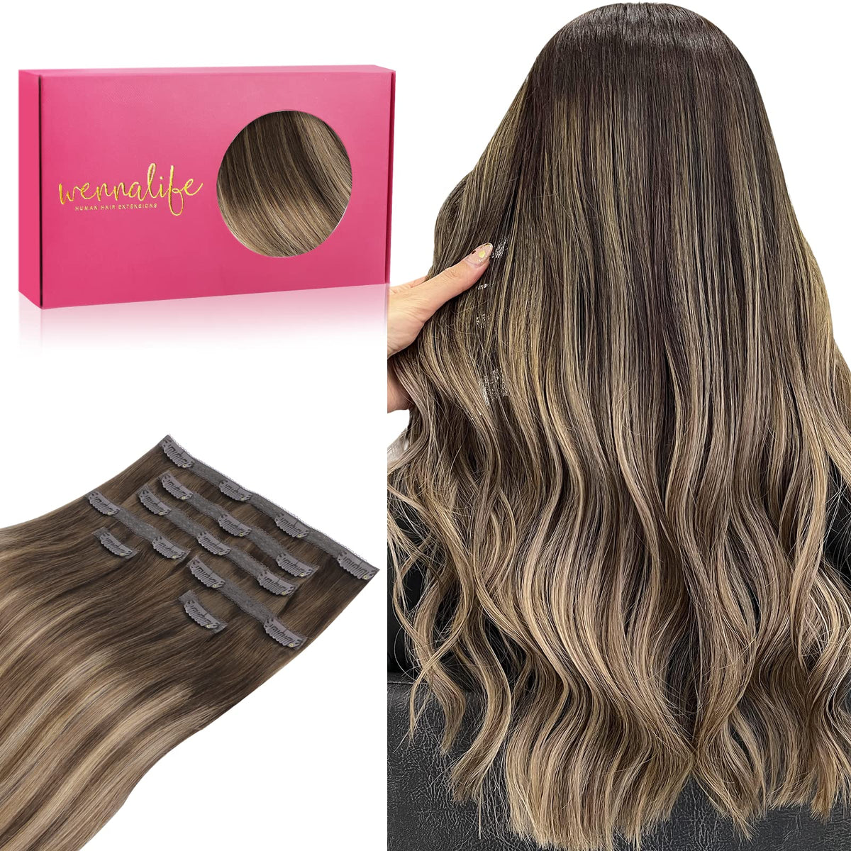 WENNALIFE 14&quot; Genius Seamless Clip-in Hair Extensions, Balayage Chocolate Brown to Honey Blonde