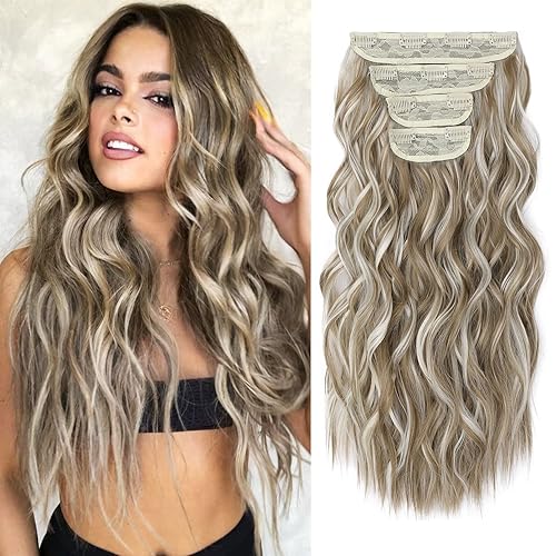 REECHO 20&quot; Clip-in Hair Extensions, Light Ash Brown Synthetic Fiber, 4PCS for Women