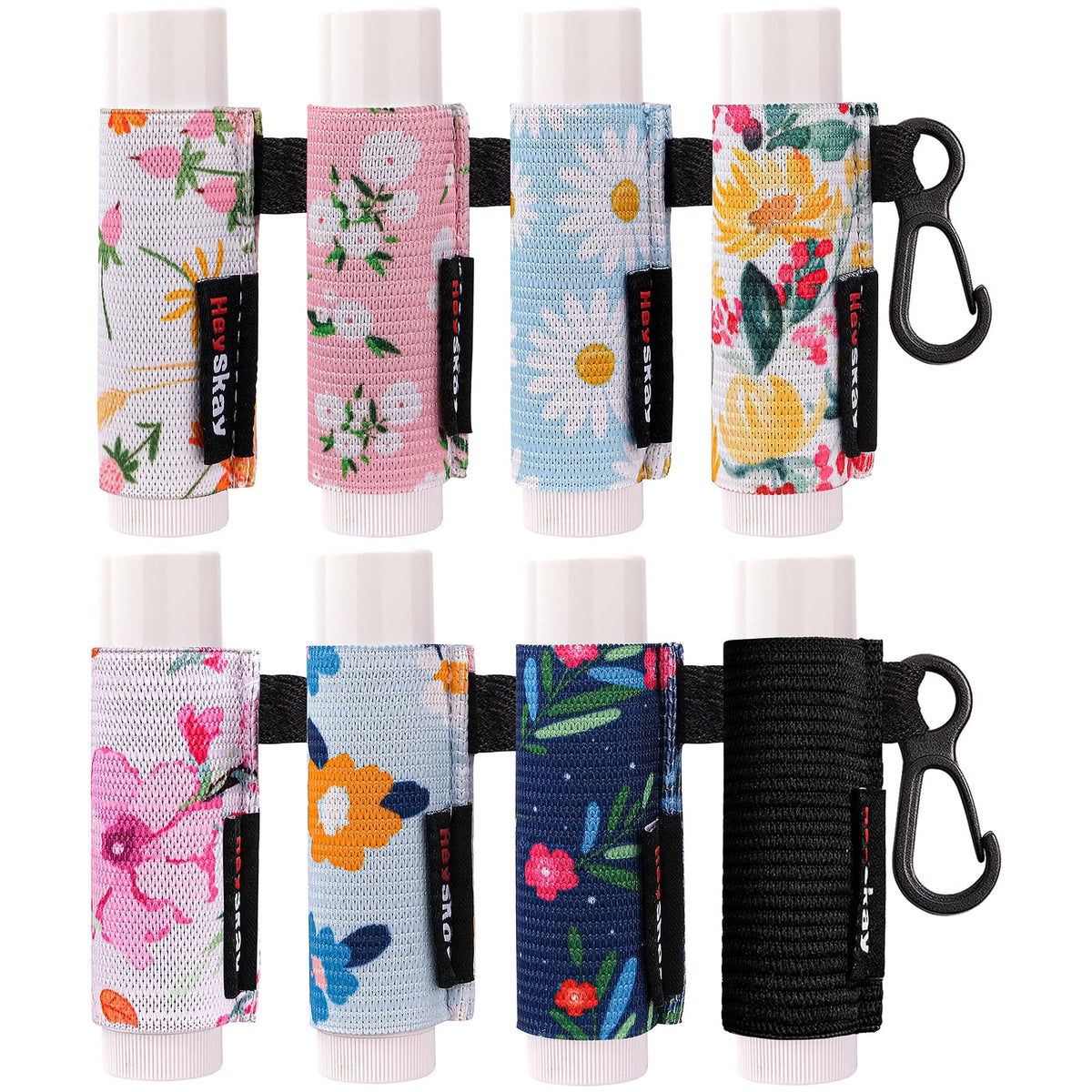 Heyskay 8Pcs Lip Balm Holder Keychain - Elastic Sleeves For Chapstick & Lip Gloss, Black/Flowers