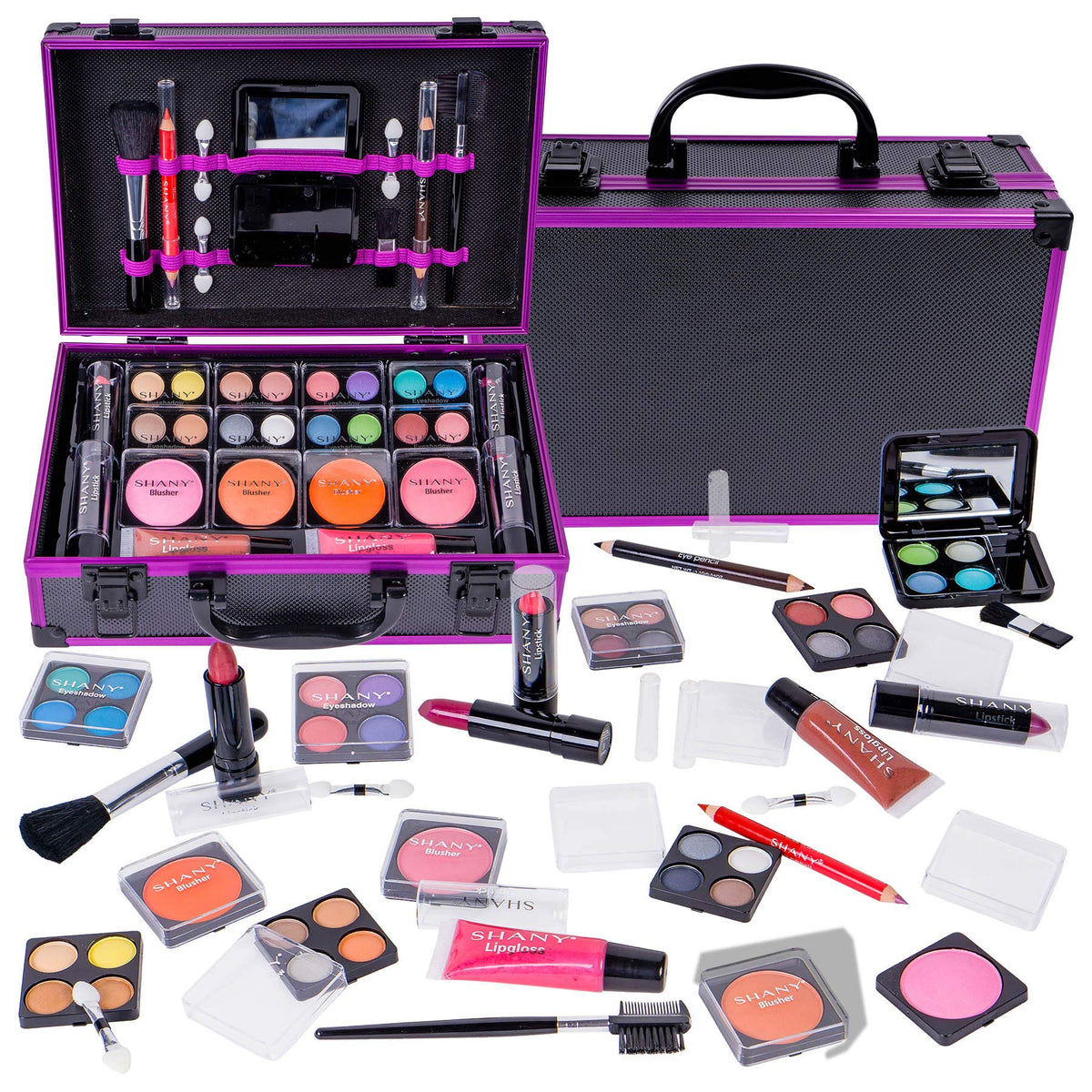 Shany Purple Makeup Train Case With Pro Makeup Set, Brushes, Lipsticks & More - Gift Ready