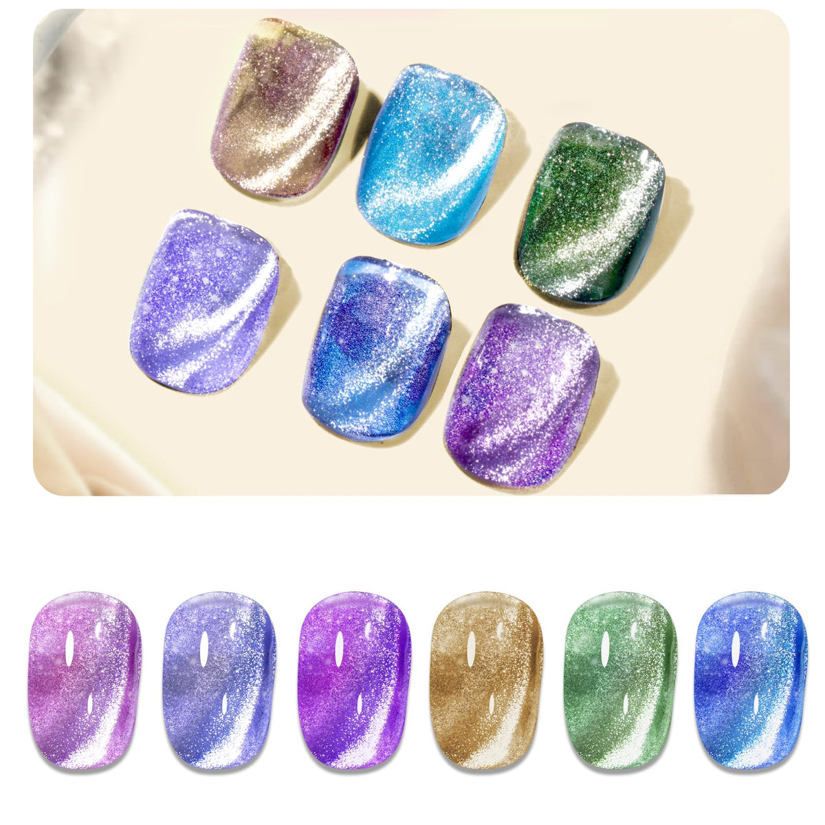 Clara Colors Cat Eye Gel Nail Polish Set - 6 Holographic Glitter Colors, Long Lasting Uv/Led