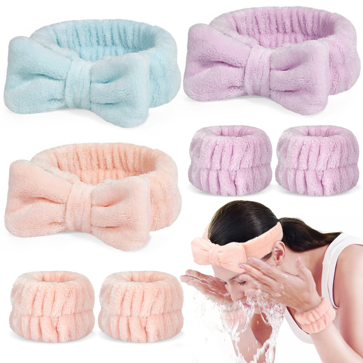 Crosize 7 Pack Microfiber Headbands & Wristbands - Cute Spa, Makeup, Yoga, Shower - Blue/Purple/Pink