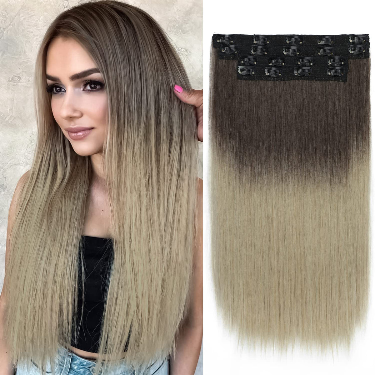 Sué Exquisite 20&quot; Ombre Ash Brown To Platinum Blonde Clip-In Hair Extensions - 4Pcs Synthetic Fiber