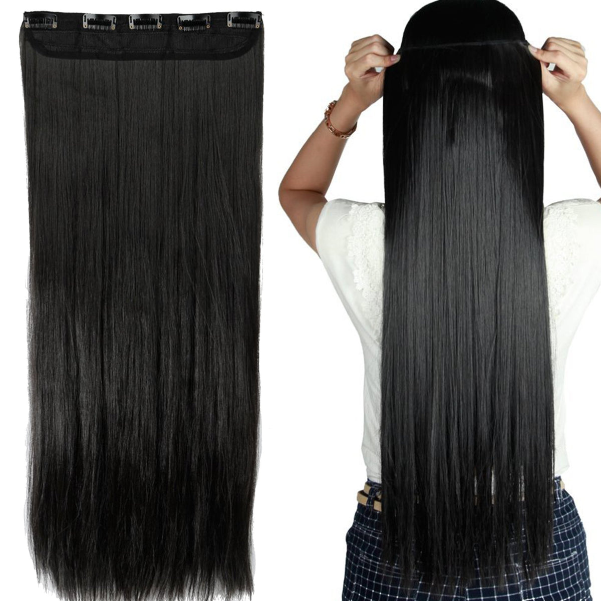 S-noilite 26&quot; Clip in Hair Extensions - Straight Curly 3/4 Full Head, Solid Black, 22 Colors