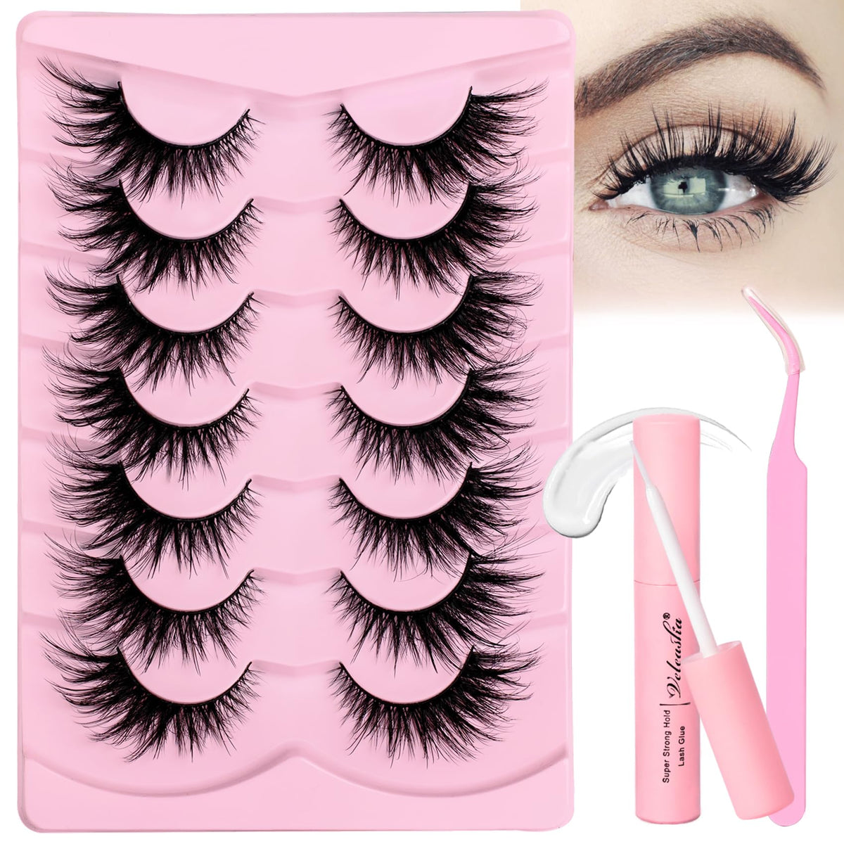 Veleasha Cat Eye Lashes Kit - 7 Fluffy Faux Mink Eyelashes with Glue & Tweezer for Natural Look