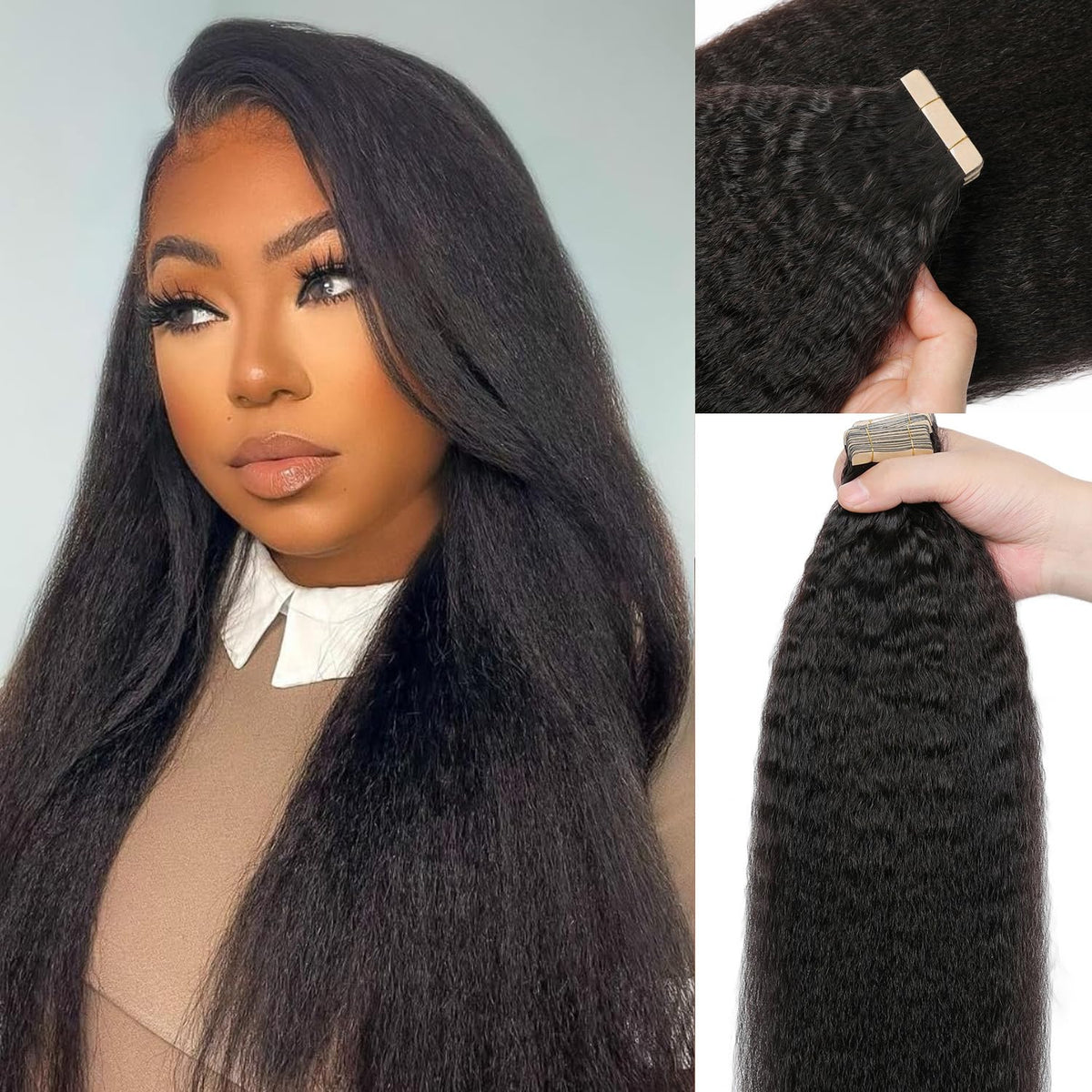 Hotlulana 60Pcs Kinky Straight Tape In Hair Extensions 16 Inch Human Hair For Black Women