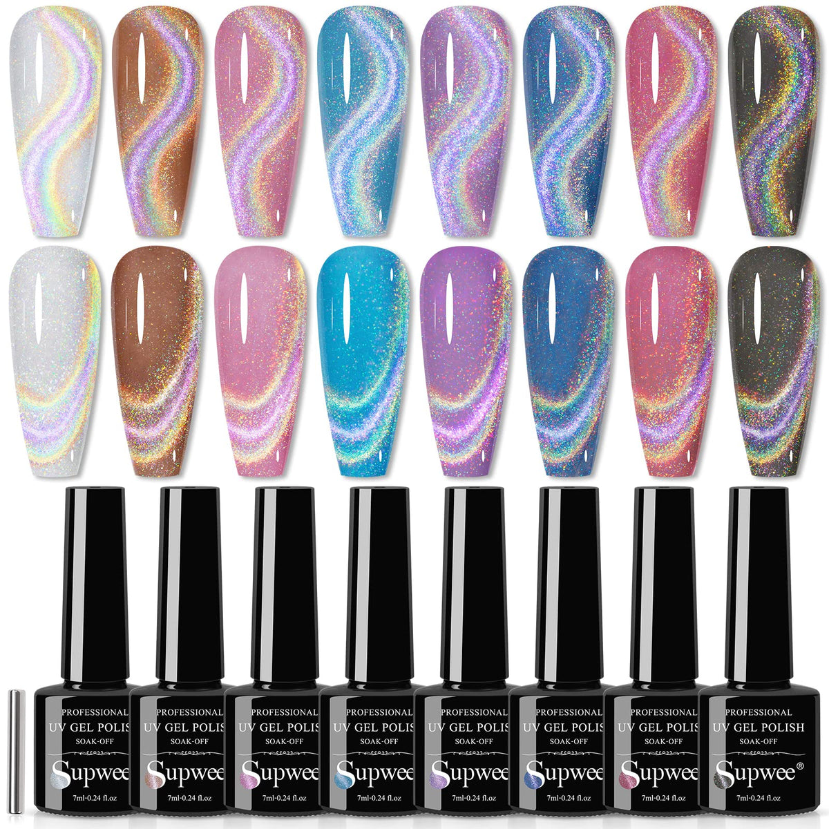 Supwee Rainbow Cat Eye Nail Gel Polish Set - Sparkle Holographic 9D Magnetic Soak Off Gel (0.24